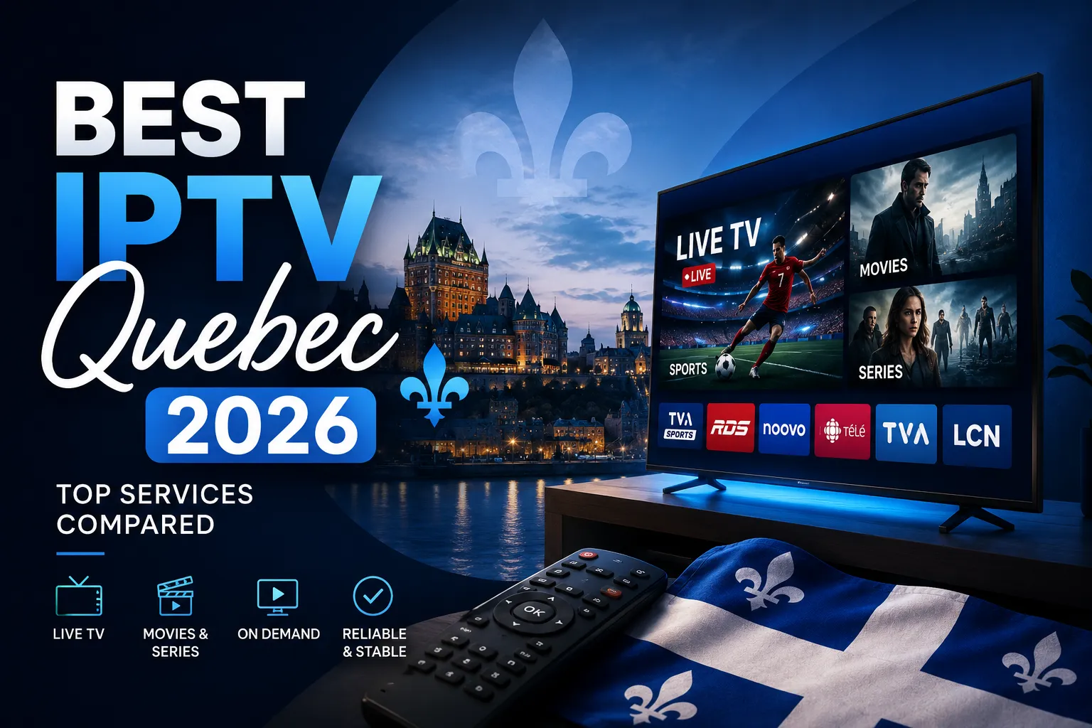 Comparison of the best IPTV services for Quebec in 2026, ranked by francophone channel coverage and price