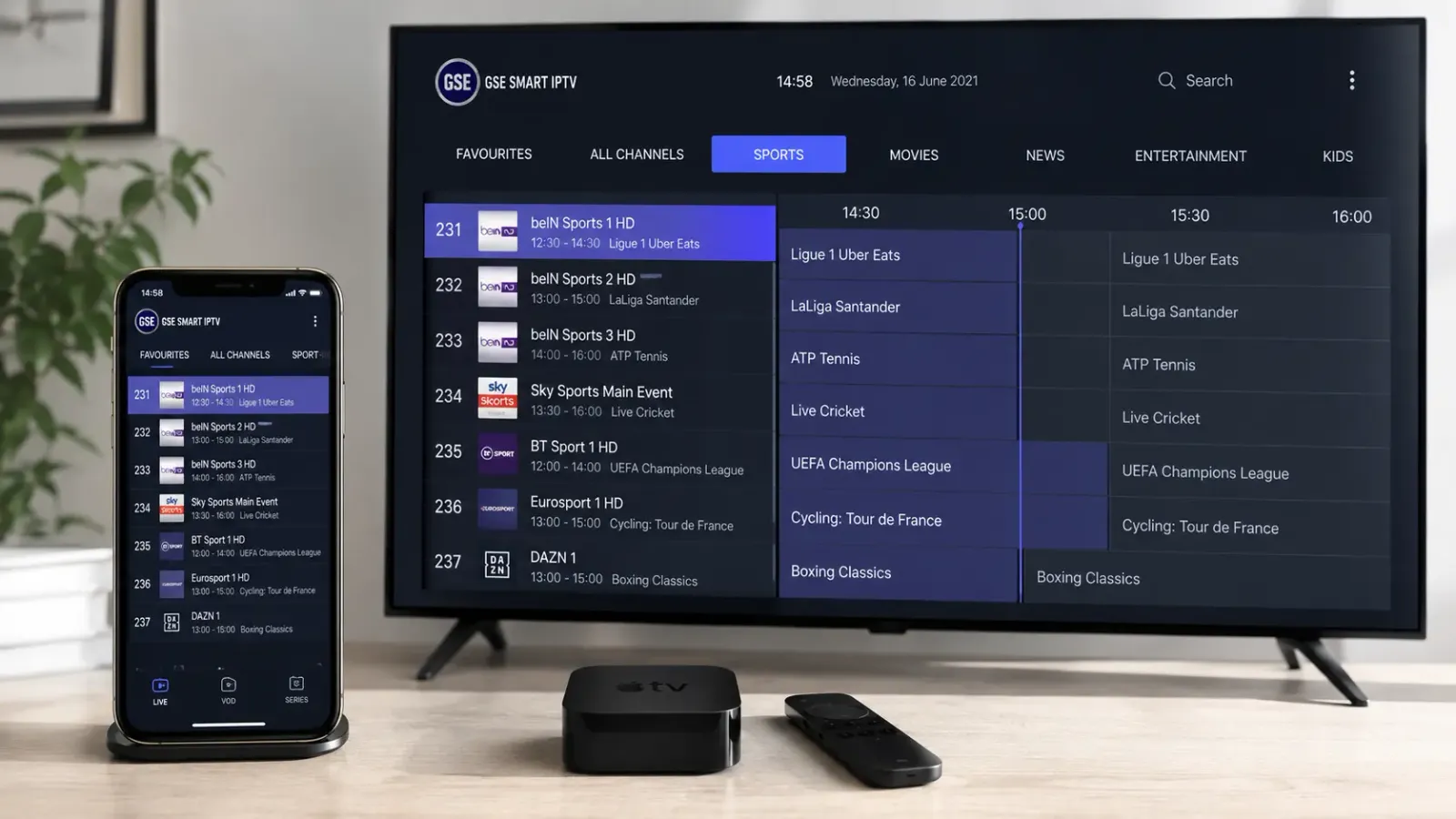 GSE Smart IPTV app open on an iPhone and an Android tablet showing an IPTV channel list