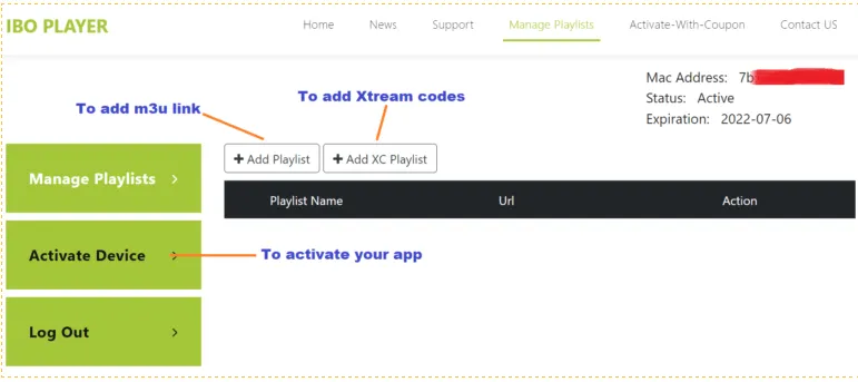 IBO web portal with the Xtream Codes and M3U playlist fields filled in for an IPTV subscription