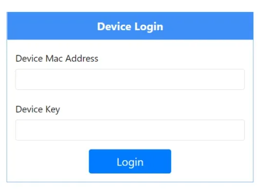 IBO web portal login screen where the TV's MAC address and device key are entered to activate IPTV