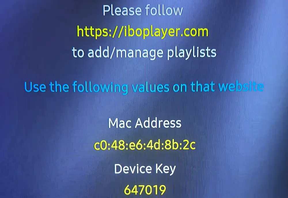 IBO Player start screen showing the MAC address and device key needed to activate IPTV