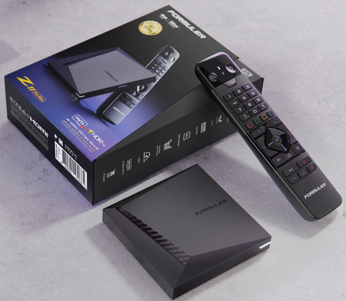 Formuler Z11 Pro Android TV box with included IPTV-optimized remote on a TV stand, the recommended mid-range Android box for Canadian IPTV users