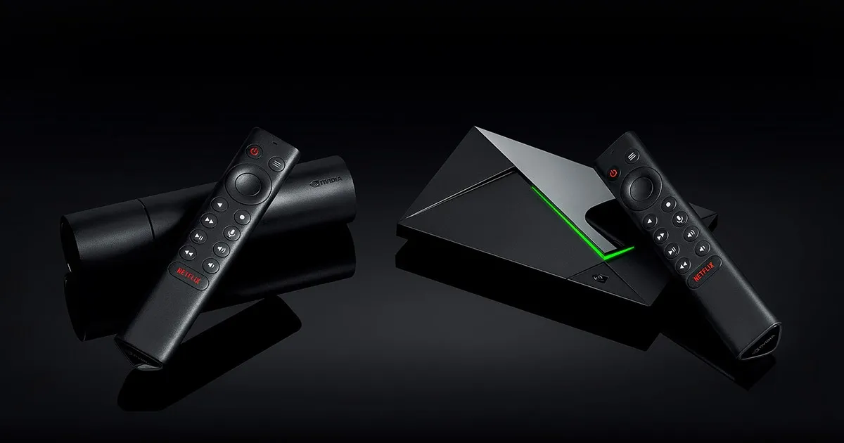 Nvidia Shield TV Pro device showing the slim profile and Shield logo, the premium Android box choice for 4K Dolby Vision IPTV streaming in Canada