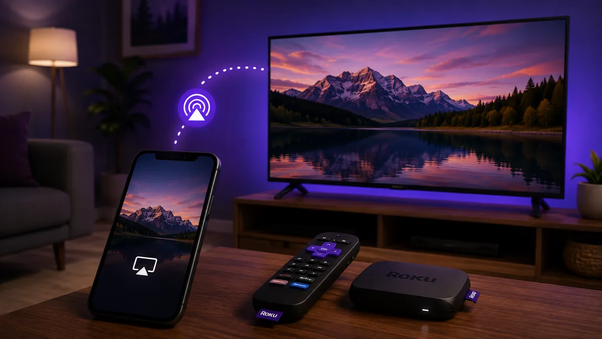 Phone using AirPlay to send an IPTV stream to a Roku TV over Wi-Fi