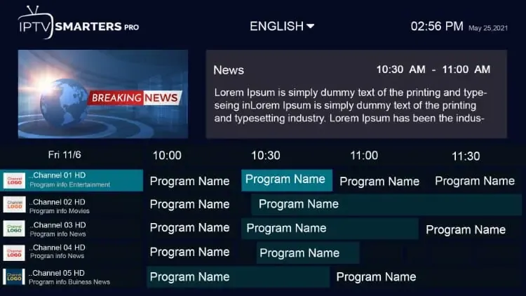 Panneau des réglages EPG Time Shift et EPG Refresh de IPTV Smarters Pro, la configuration du guide électronique de programmes pour IPTV Smarters Pro au Canada