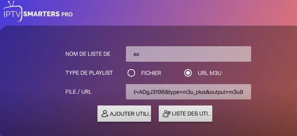 Écran de configuration URL playlist IPTV Smarters Pro avec champs URL M3U et URL EPG, la méthode de chargement M3U pour IPTV Smarters Pro au Canada
