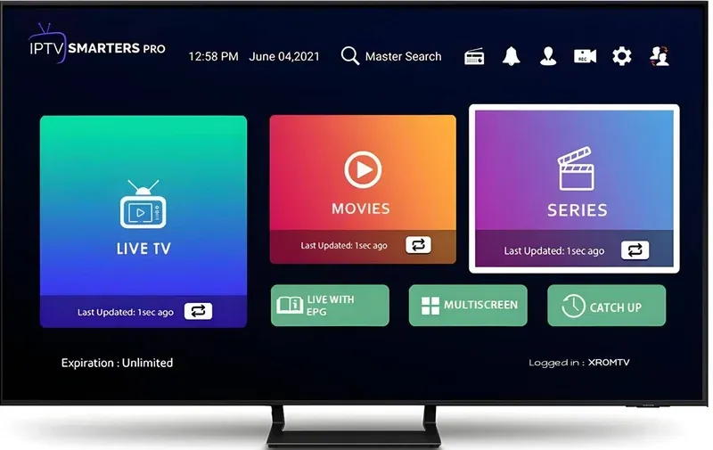 Menu principal IPTV Smarters Pro avec sections Live TV, Movies, Series, TV Guide, et Catch Up, le tour de l'interface principale pour la configuration IPTV Smarters Pro au Canada