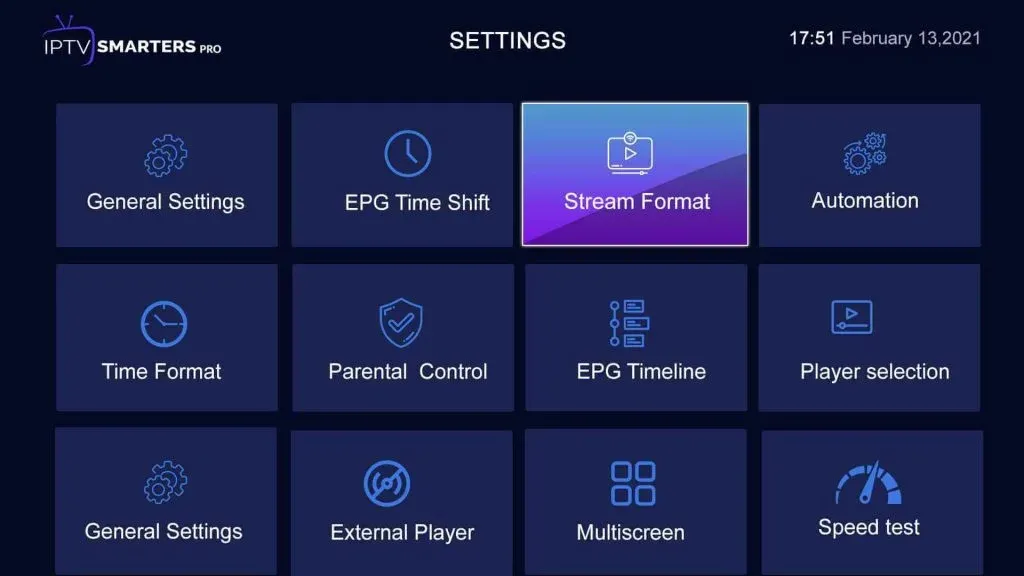 Écran des réglages IPTV Smarters Pro avec sections Player Settings, General Settings, EPG Settings, et Parental Control, les réglages qui valent la peine d'être changés pour IPTV Smarters Pro au Canada