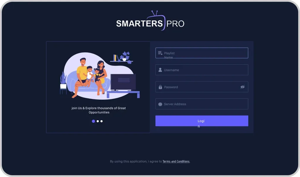 Écran de connexion Xtream Codes de IPTV Smarters Pro avec champs Name, Username, Password, et URL, la configuration Xtream Codes API pour IPTV Smarters Pro au Canada