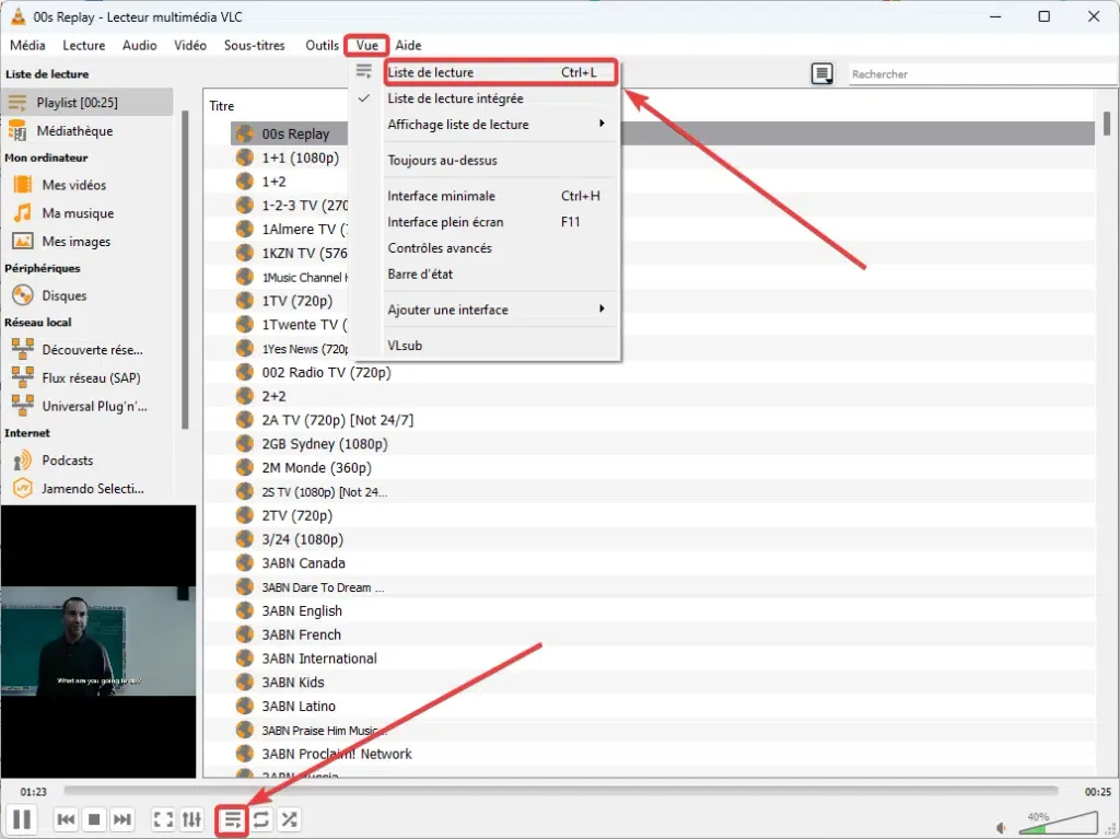 Panneau de liste de lecture de VLC affichant des chaînes IPTV chargées depuis une playlist M3U