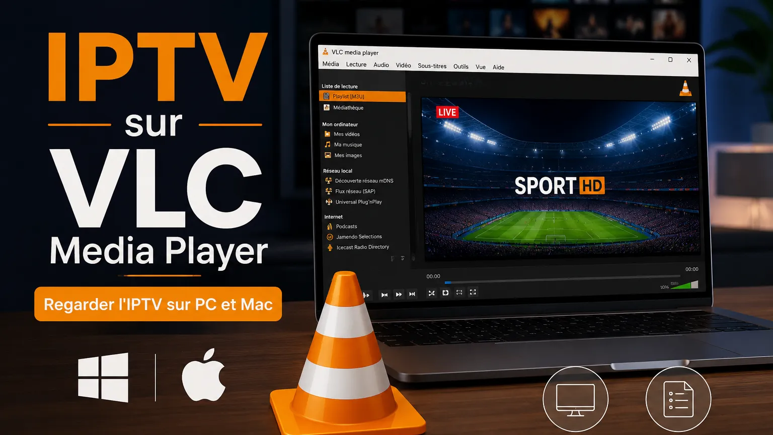 VLC Media Player sur un portable jouant une chaîne IPTV avec le panneau de liste de lecture ouvert à droite