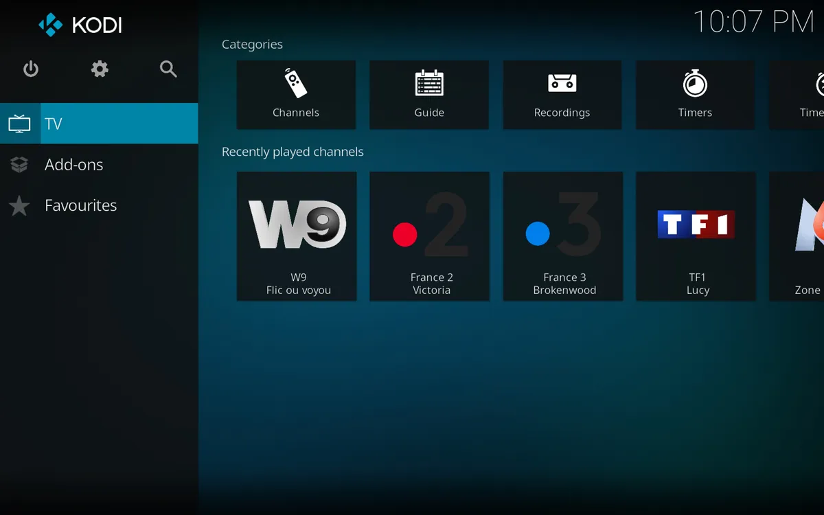 Kodi 21 Omega TV menu showing a Canadian IPTV channel list with the electronic program guide, the Kodi IPTV setup result for Canada in 2026