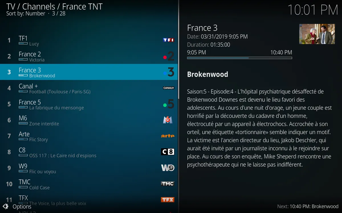 Kodi home screen showing a polished customized layout with the TV menu prominent and a live channel preview, the final state of a working Kodi IPTV setup in Canada