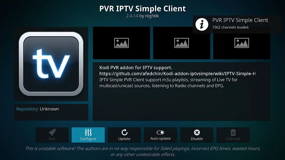 Kodi Settings screen with the PVR IPTV Simple Client highlighted under PVR clients, the add-on configuration step for Kodi IPTV setup in Canada