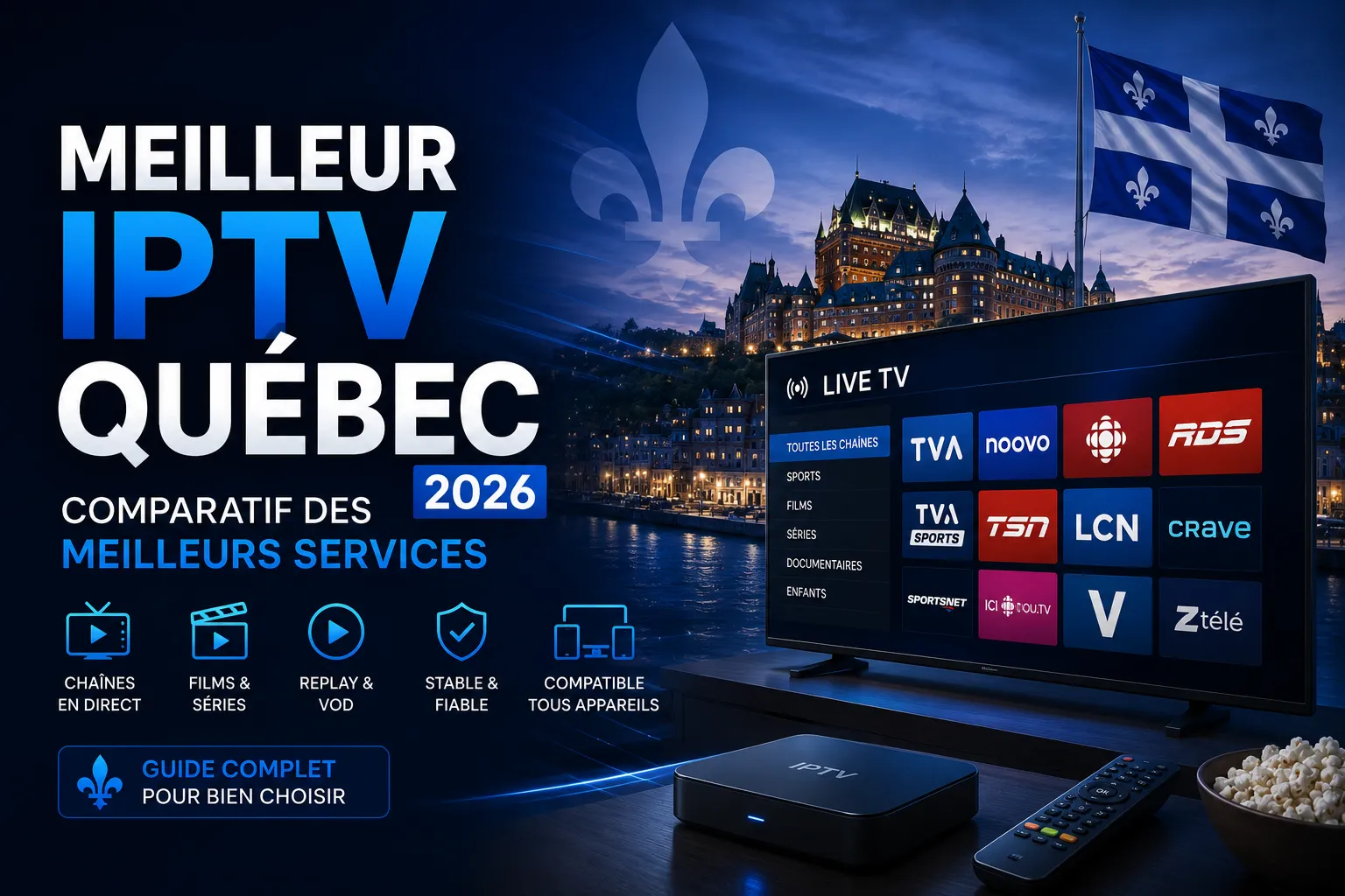 Comparatif des meilleurs services IPTV pour le Québec en 2026, classés selon la couverture francophone et le prix