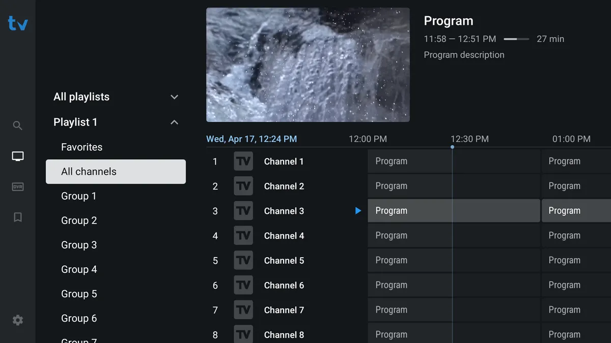 TiviMate main interface with channel list on the left, picture-in-picture preview on the right, and program info underneath, the layout tour for TiviMate IPTV setup in Canada